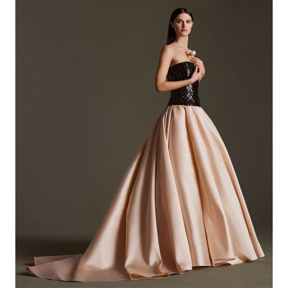 NWT Pamella Roland Mixed-Media Sequin-Embroidered Gown Blush Black Size 10 $4895